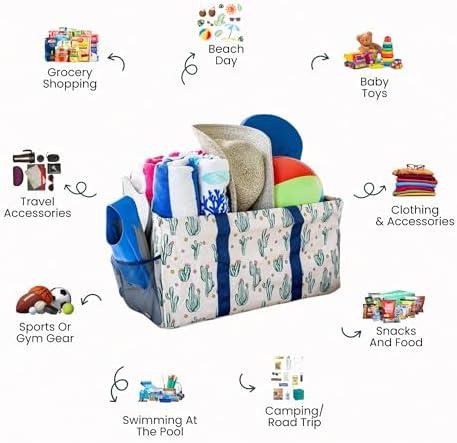 Lucazzi Extra Large Utility Tote Bag, Oversized Collapsible Reusable Wire Frame Rectangular Canvas Basket With Two Exterior Pockets For Beach, Pool, Laundry, Car Trunk, Storage - Cactus White - 2