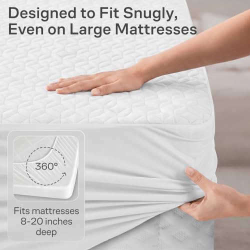 Image of 100% Waterproof Noiseless & Cooling Mattress Protector - Twin Size - White | Viscose Made from Bamboo, 360 Protection Against Spills, Stains, & Accidents, 20 inch Deep Pocket, For Parents & Pet Owners
