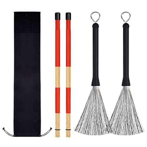 Drum Rods Brushes Stainless Steel Drum Wire Brushes with Drumstick, Flexible Adjustment, Retractable Design, Hanging Rings for Lighter Playing Suitable for Youth Rock Bands