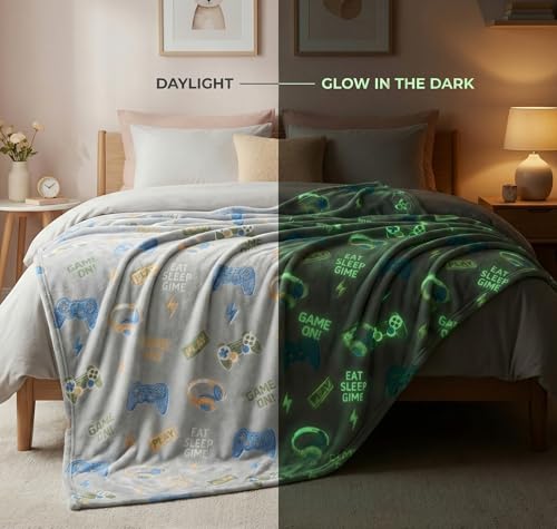 Image of BSB HOME Glow in The Dark Kids Blanket, Soft Flannel Fleece Luminous Blanket for Boys & Girls, Cozy Lightweight Kids Throw for Bed - 42 x 60 in (107 x 152 cm) (Gaming Theme - Slate Grey)