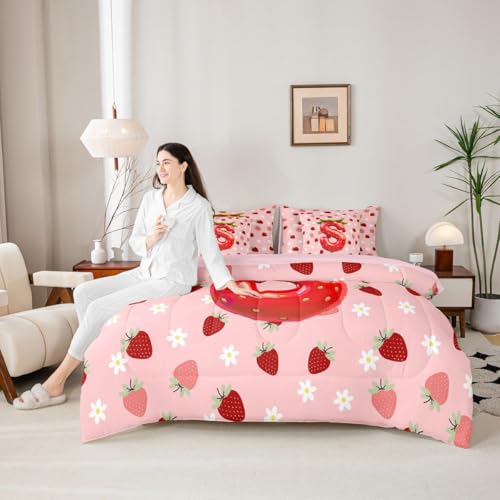 Image of Feelyou Girls Strawberry Comforter Set with Sheets 7 Piece King Size Pink Strawberry Bed in a Bag Kids Boys Girls Initial Letter S Bedding Set Bedroom Decor Breathable Soft Lightweight Microfiber