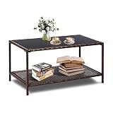 SUNNYPARK Outdoor Rattan Coffee Table 36’’ All-Weather Wicker Patio Side Tables with Glass Top and Storage Shelf Furniture for Living Room Balcony Backyard Poolside