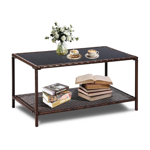 SUNNYPARK Outdoor Rattan Coffee Table 36’’ All-Weather Wicker Patio Side