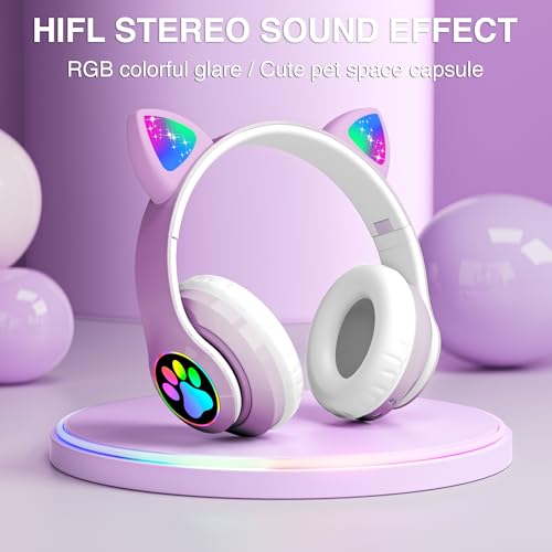 Image of Bluetooth Noise Cancelling Headphones for Kids,Foldable Cat Headphone with LED Light Up Ear,Cat Ear Headphones for Toddler with Microphone /TF Card,Kids Bluetooth Headphones for ipad