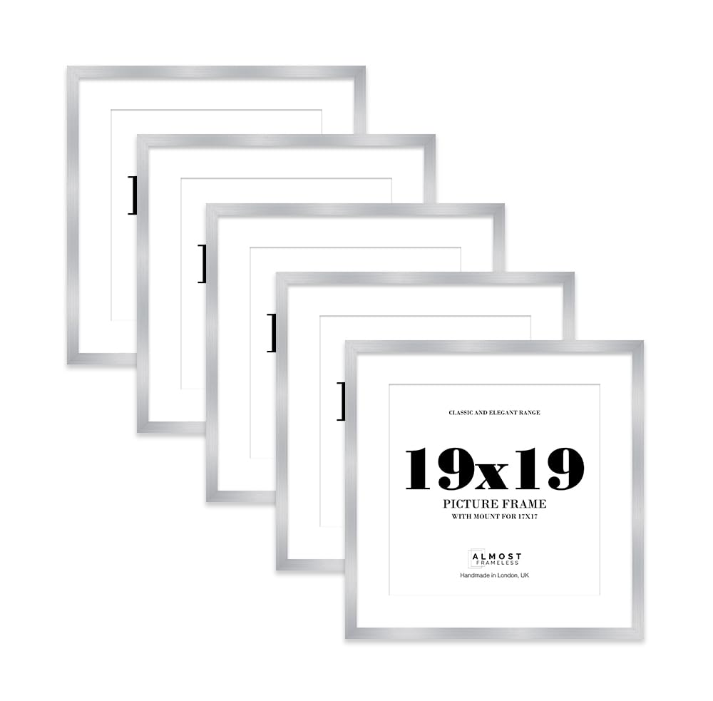19x19 Silver Picture Frame with Mount for 17x17 Photos, Prints - Modern Square Wall Frame, Set of 5