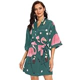 Flamingo-Blumen-Bademantel aus Seide, Kimono, leicht, weich