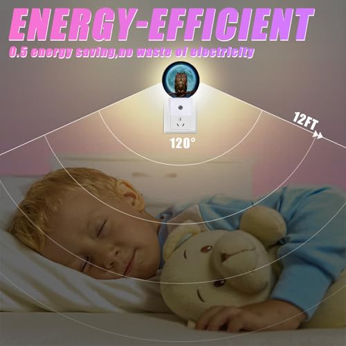 Image of Owl Moon Night Light LED Lamp Round Plug into Wall Nightlight with Dusk to Dawn Sensor Home Hallway Stairway Kitchen Decor