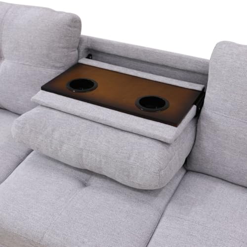 Image of L-Shaped 3-Piece Flannel Sofa with Ottoman, Sectional Couch Set for Living Room, Office, Apartment, with Cup Holder, Grey White