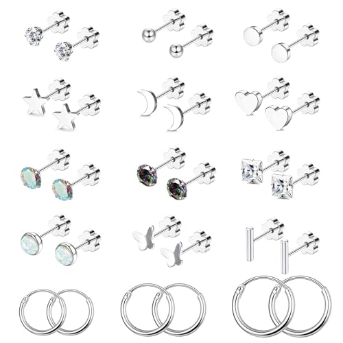 Staligue 15 Pairs Surgical Steel Earrings for Women Men Flat Back Earrings Hypoallergenic Opal Ball CZ Hoop 20 Gauge Earrings Sets for Multiple Piercing Jewelry