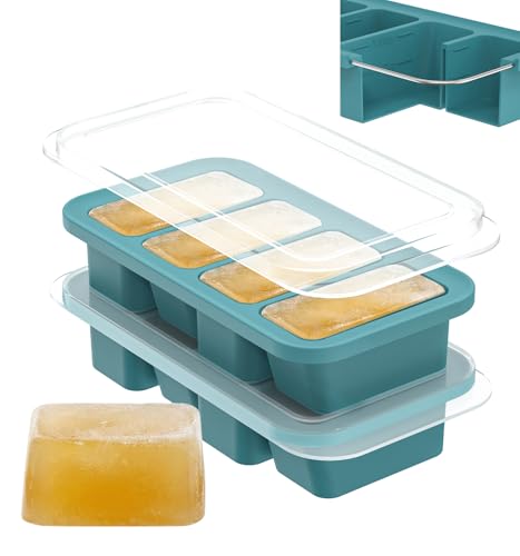 DOQAUS Silicone Freezer Molds, Reinforced Steel Frame 1 Cup Ice Cube Trays with Lid, 2 Pack 4-Cavity BPA-Free Soup Containers for Meal Prep, Kitchen