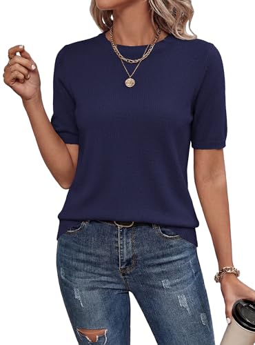 BTFBM Summer Tops Short Sleeve Sweater for Women Crew Neck Lightweight Knit Pullover Loose Dressy Casual Blouse Clothing(Navy Blue, Large)