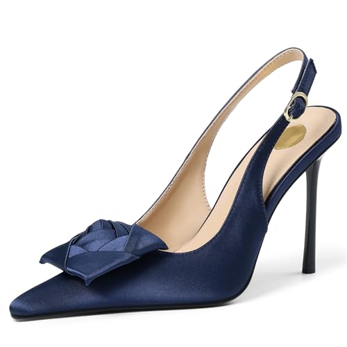 Image of Satin Slingback Pumps Women Floral Knot Pointed Toe Stiletto Heels