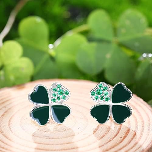 Qings Four Leaf Clover Stud Earrings 925 Sterling Silver Heart Lucky Shining Green Leaves Ear Studs St. Patrick's Day Floral Jewelry Gift for Women Girls