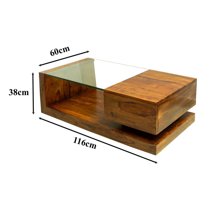 Image of Sheesham Wood Coffee Table with Drawer Storage Wooden Tea Table with Glass for Living Room Home Office Furniture Solid Wood Teapoy (Honey Finish)