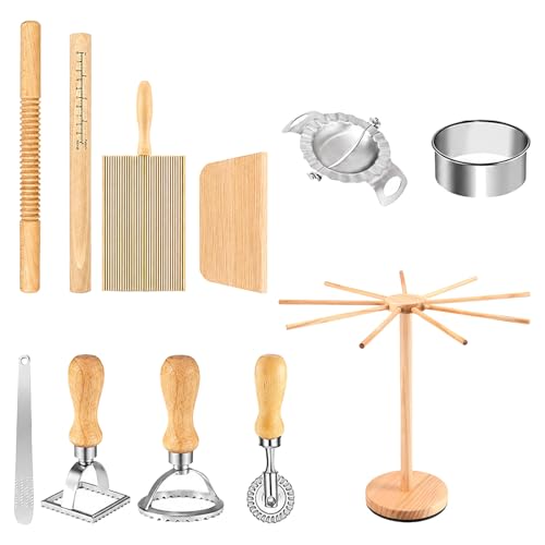 11 PCS Pasta Making Tool Set, Wood Pasta Making Kit with Drying Rack, Gnocchi Board, Plain and Grooved Rolling Pins, Square and Round Ravioli Moulds, Cutter Wheel, Dumpling Press, Marker