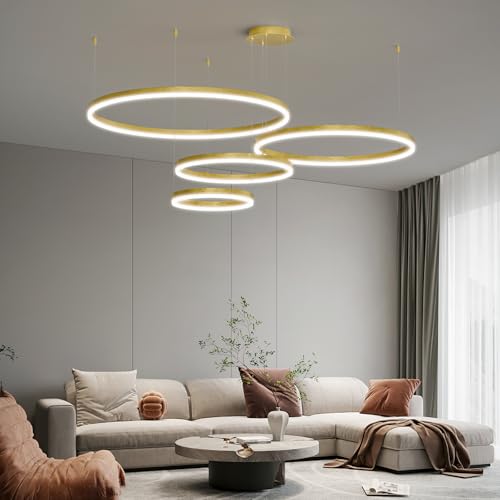 4 Rings Gold Modern LED Chandelier, Circular Dimmable Pendant Light with Remote Control, Adjustable Hanging Ceiling Lighting Over Table for Living Room, Dining Room, Foyer, Kitchen Island