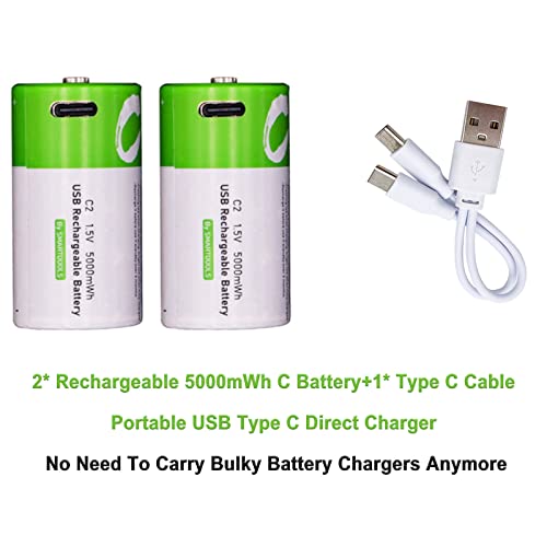 Camelcell C Batteries- 2 Pack Rechargeable C Batteries,5000Mwh Lithium Ion C Size Battery With 2 In 1 Usb A To Type C Charger,1200 Cycle,Portable Usb Rechargeable C Cell Batteries #TOP1