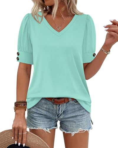 Image of OFEEFAN Womens Tops Short Sleeve Shirts Buttons V Neck Spring Fashion Summer Outfits Plus Size Blouses Dressy Casual