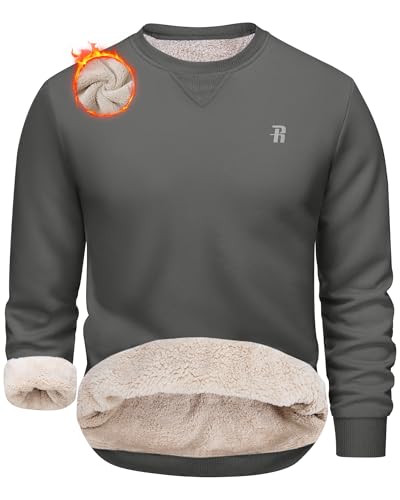 Runhit Men's Sherpa Lined Sweatshirt - Warm Fleece Crewneck Sweatshirts Long Sleeve Thermal Shirt Pullover Tops for Winter Cold Weather (Heavyweight, XL, Gray)