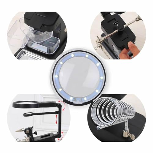 Suporte Ferro Solda + Lupa e Garra p/Eletrônica Iluminação LED c/ 3 Gavetas