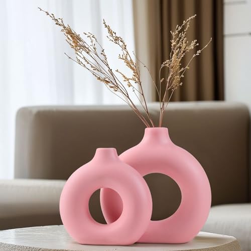 Juego de 2 jarrones redondos de cerámica en color rosa para una decoración floral moderna, perfectos como centros de mesa para la sala de estar, la chimenea, el dormitorio, la oficina o la granja