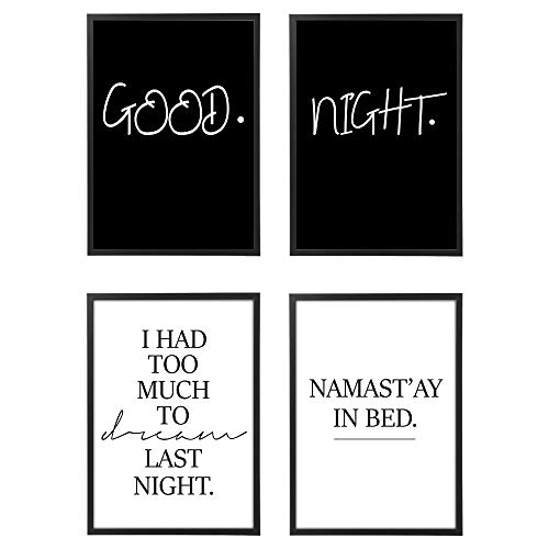 Ensemble d'images encadrées ou d'affiches modernes - Ensemble de 4 affiches murales pour salon, chambre et cuisine (21x30 cm, Cadre Blanc Simple, Good Night Namast'ay bed)