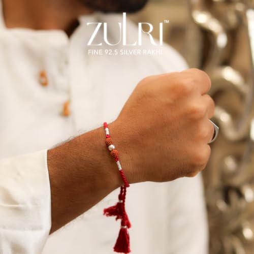 Image of Unisex-Adult Pure 925 Silver Rudraksha Rakhi For Rakshabandhan | Stylish Silver Rudraksha Rakhi For Brother With Roli (Kumkum) Chawal (Rudraksh)