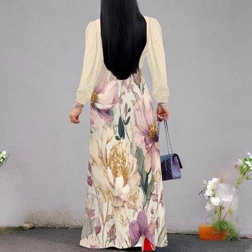 Image of Women's Plus Size Maxi Dresses Long Sleeves V Neck Floral Print Bohemian Swing Long Dress with Belt