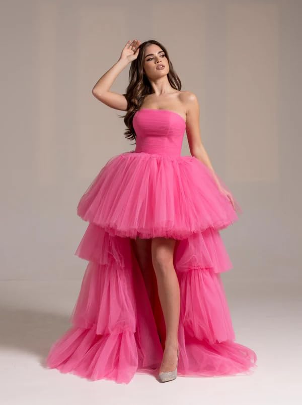 High Low Tulle Prom Dresses Long Strapless Tiered Formal Dresses A Line Evening Dress with Train3