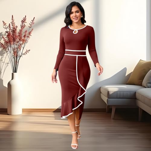 Image of Women's Elegant Church Vintage Bodycon Dress Casual Long Sleeve Work Business Pencil Split Sheath Midi Dresses