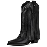 Bybmorto Black Fringe Cowboy Boots for Women – Star Studded Mid Calf Cowgirl Booties with Pointed Toe and Chunky Heel, Fashionable Western Style for Country Music Festivals, Size 12