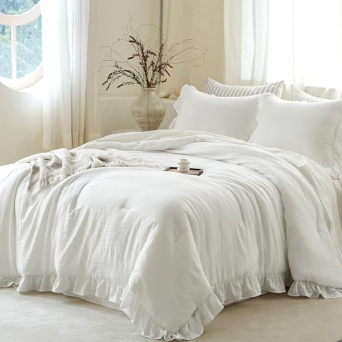 Image of White Ruffle Comforter Set Queen, Pre-Washed Shabby Chic Bedding Set, Lightweight Cottagecore Soft Romantic Cozy 1 Comforter & 2 Shams, All-Season