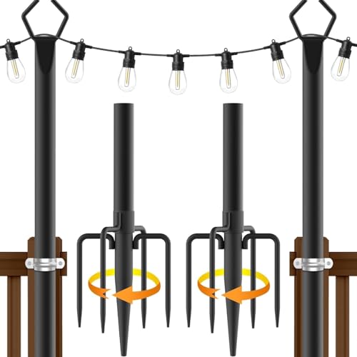 Pali di Supporto per Luci Esterno, 2 Pezzi 3M (10FT) per Ghirlande Luminose da Giardino, Pali in Metallo con Base a 5 Raggi, Antiruggine e Facile Installazione per Terrazzo, Feste e Decorazioni​