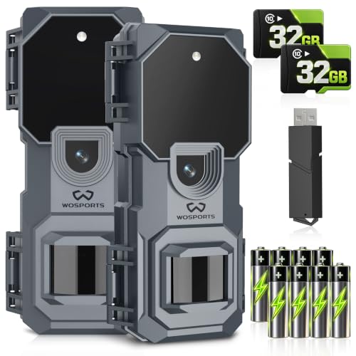 WOSPORTS 2 Pack Mini Trail Camera 1080P 32MP HD Game Camera with 32GB SD Card Wildlife Cameras with Night Vision Motion Activated Waterproof with 4AA Batteries & Card Reader - image 1