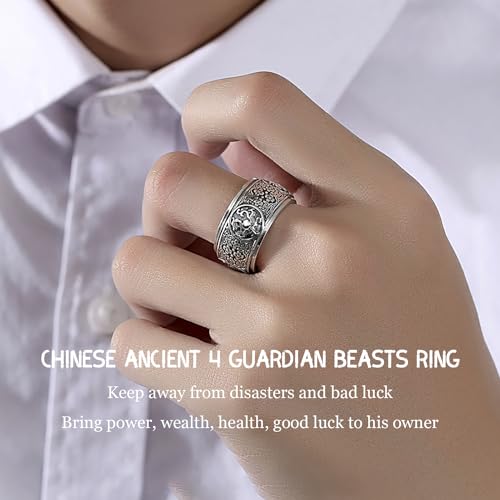 Feng Shui Ring, 925 Sterling Silver Four Symbols Lucky Ring- Stress Relief, Luck & Wealth Protection Amulet, Neo Chinese Style Chinese Ancient 4 Guardian Beasts Rings4