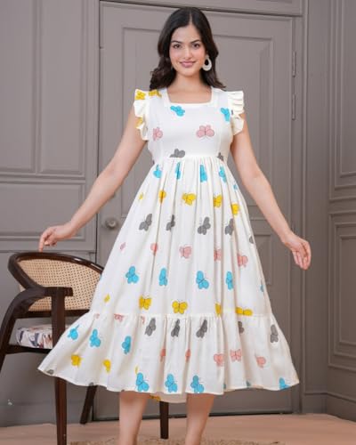 Image of ROYALICA Women's Pure Cotton Floral Printed Maxi Midi Western Dress