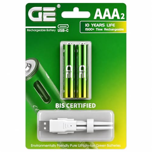 Image of GE AAA Rechargeable Batteries (Lithium 1.5V - 600 mWh) - in 2026 | Fast Charge (Direct USB‑C + Wireless) | Pack of 2 Batteries | 10 Years of Life and 1 | 500+ recharges | 3 Year Warranty