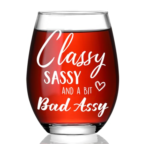 Ymzkpoa Funny Stemless Wine Glass Birthday Gifts for Women,Gag Thank You gifts for Her,Mom,Daughter,Niece,Sister,Friends,Coworker, Classy, Sassy And A Bit Bad Assy,Cute Wine Glasses for Christmas -39