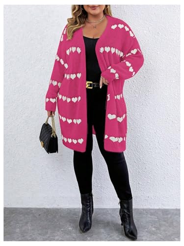Image of MakeMeChic Women's Plus Size Long Cadigan Sweaters Casual Open Front Kint Lightweight Cadigan Heart Long Sleeve Outerwear