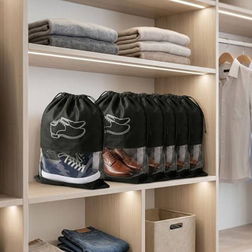 Image of Hian Black Shoe Storage Bags with Transparent Window & Drawstring Closure - Non-Woven Travel Footwear Organizer, Dustproof Reusable Shoe Covers for Luggage, Closet & Gym Use - Pack of 6