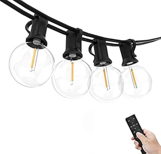 Yuusei LED String Lights Remote Control, 50Ft Festoon Lights Mains Powered with 25+1 Shatterproof G40 Bulbs, IP45 Waterproof Outdoor Garden String Light for Patio Party Wedding Cafe, Warm White