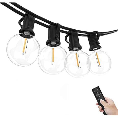 LED String Lights Remote Control, 50Ft Festoon Lights Mains Powered with 25+1 Shatterproof G40 Bulbs, IP45 Waterproof Outdoor Garden String Light for Patio Party Wedding Cafe, Warm White Cover