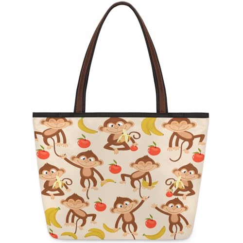 Monkey Apples Bananas Tote Bag Multi Pocket Zippered Beach Bag Lightweight Waterproof Handbag for Women Men Work Gym Travel Swimming Yoga Grocery Shopping M