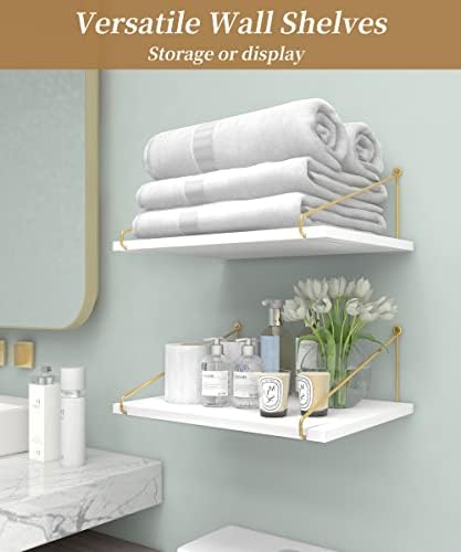 Afuly Wide Floating Shelves White Wood Wall Shelf with Gold Bracket Large Wall Organizer 12 inch Deep Storage Shelves for Bedroom, Bathroom, Living Room, Kitchen, Set of 2