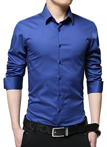 XTAPAN Men's Business Slim Fit Long Sleeve Button Down Mercerized Cotton Dress Shirt Royal Blue Asian XL=US XS 1586