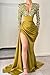 CWOAPO V Neck Sequin Mermaid Long Sleeve Prom Dress 2025 Fuchsia Dress for Women Silk Satin Evening Gown with Slit Formal Wedding Party Dresses US0
