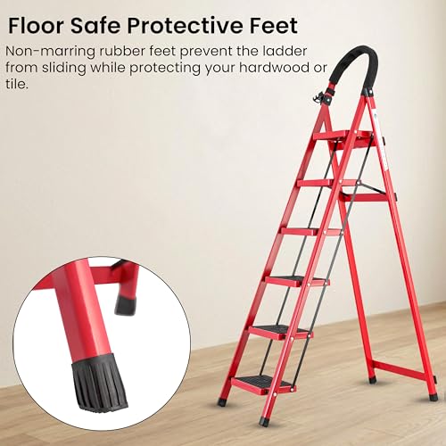 Image of Norman Jr Red 6 Step Ladder for Home Use with Built-in Tool Tray | Heavy Duty D Shape Rods | Ultra Large Platform | Wide Rubber Feet | 150Kg Capacity Foldable Ladder - 7 Years Warranty