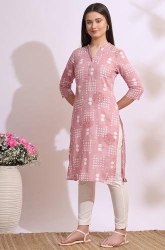 Image of W for Woman Pink Bold Geometric Printed Pure Cotton Straight Kurta