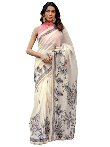 Image of SIRIL Women's Printed Cotton Linen One Minute Ready to Wear Saree With Unstitched Blouse Piece