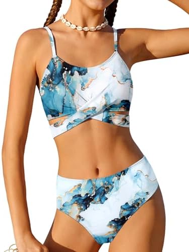 AGERWAY Girls Swimsuit Size 8-10 Girls Bathing Suit Criss Cross Bikini Set Two P